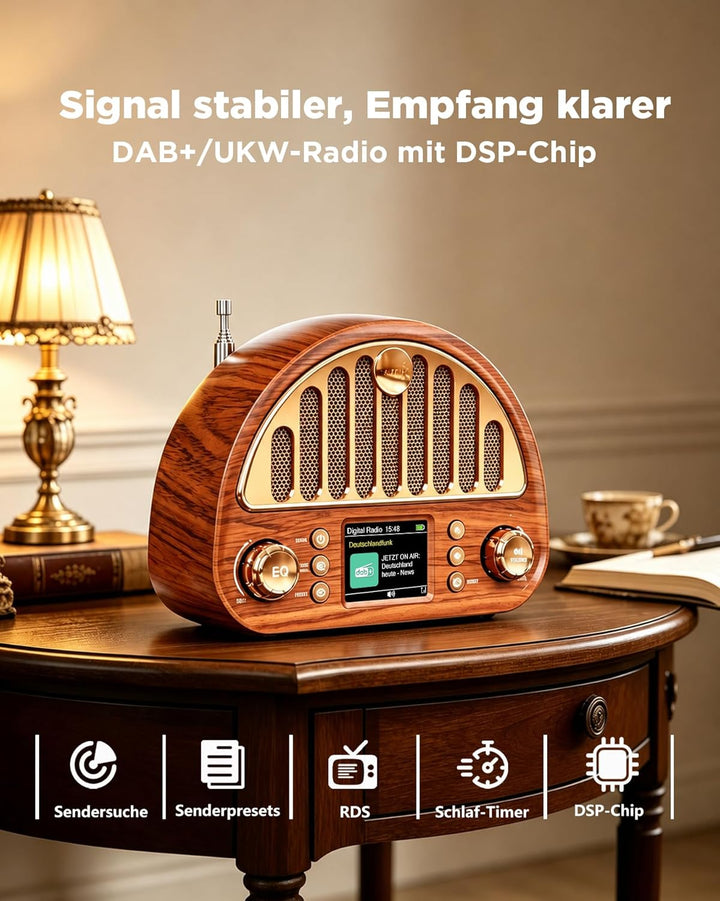 DAB+/UKW Radio mit Bluetooth5.0, TF-Karte & AUX-Eingang, 3000mAh USB-C, Farbdisplay, Auto-Sendersuch