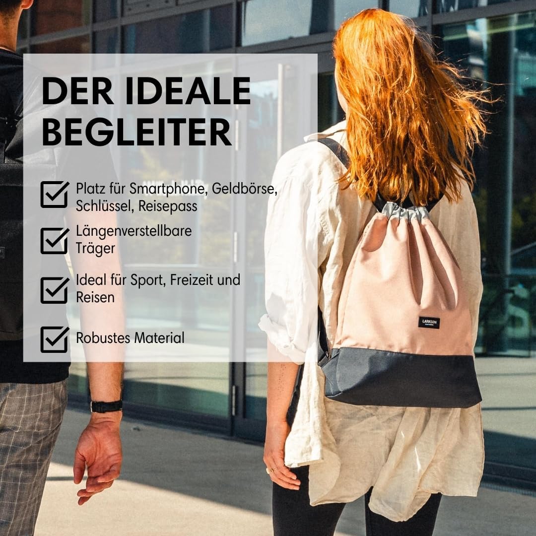 LARKSON Turnbeutel Damen &amp; Herren Rosa Grau - No 7 - Rucksack Damen für Sport und Festival - Beutel