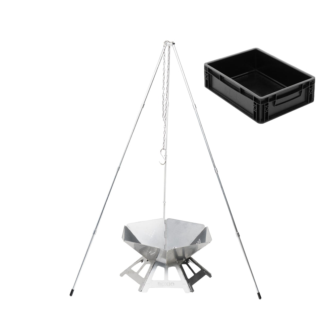 BOXIO - FIRE Bundle: Edelstahl Feuerschale mit Grillrost & Dreibein - Oktagon Feuerstelle Outdoor &