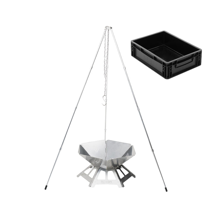 BOXIO - FIRE Bundle: Edelstahl Feuerschale mit Grillrost & Dreibein - Oktagon Feuerstelle Outdoor &