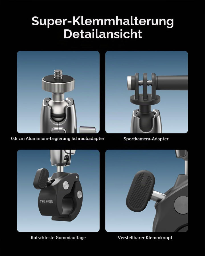 TELESIN Motorradfahren Krabbenklaue Klemme Magic Arm 360° Einstellung Super Klemme 1/4" Schraube für