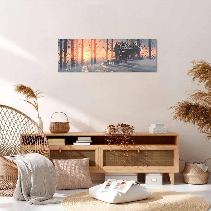 Panorama Bilder auf Leinwand Winter Wald Hütte Leinwandbild 90x30cm Wandbilder Dekoration Wohnzimmer