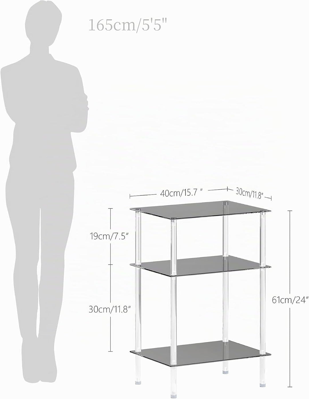 Moderner Beistelltisch Glas Eckig Transparenter Tisch mit 3 Ablagen Nachttisch Glastisch Side Table