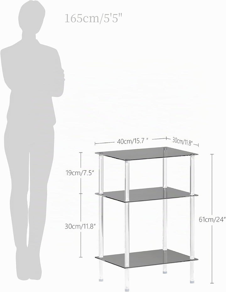 Moderner Beistelltisch Glas Eckig Transparenter Tisch mit 3 Ablagen Nachttisch Glastisch Side Table