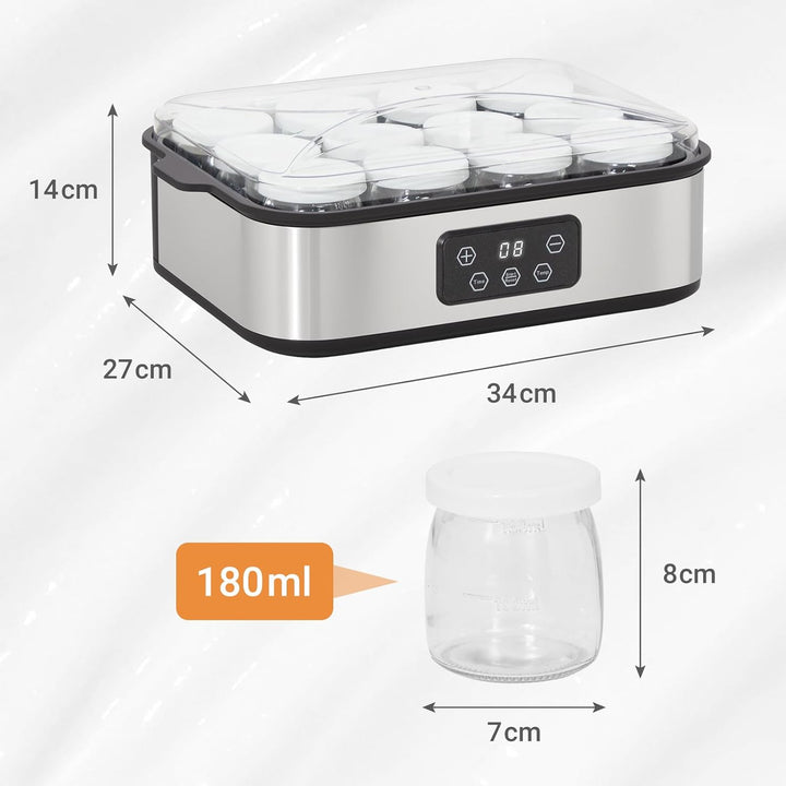 Todeco Joghurtbereiter mit 12 Gläsern à 180ml, Elektrischer Joghurtmaschine aus Edelstahl, Einstellb