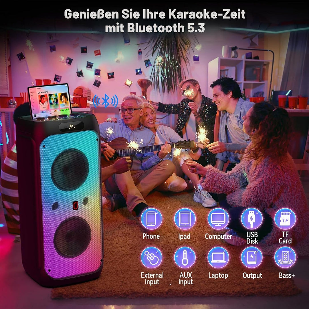 JYX Karaoke Maschine Tragbarer Bluetooth-Lautsprecher mit 2 drahtlosen Mikrofonen für Erwachsene, Ka