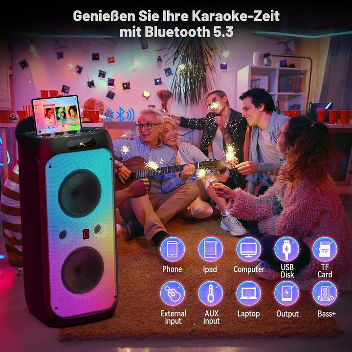 JYX Karaoke Maschine Tragbarer Bluetooth-Lautsprecher mit 2 drahtlosen Mikrofonen für Erwachsene, Ka