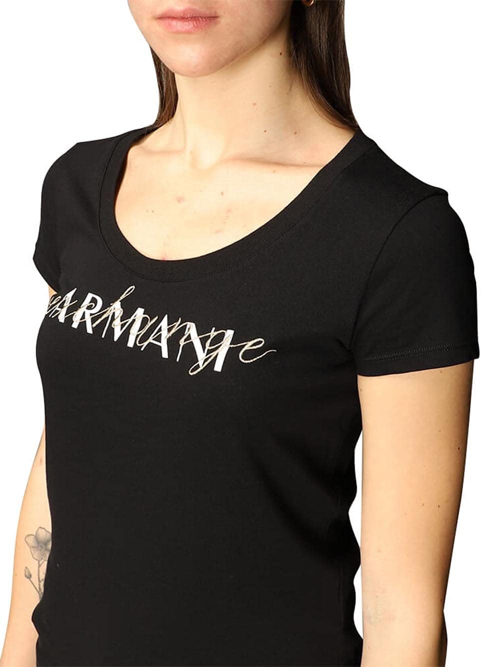 A|X ARMANI EXCHANGE Damen Overlap Logo Scoop T-Shirt, schwarz, Mittel