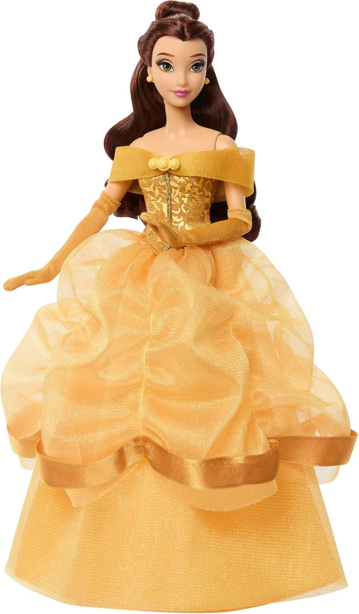 Mattel Disney Princess Glitzerprinzessin Belle-Modepuppe mit Zubehör, mit abnehmbarem Kleid, abnehmb