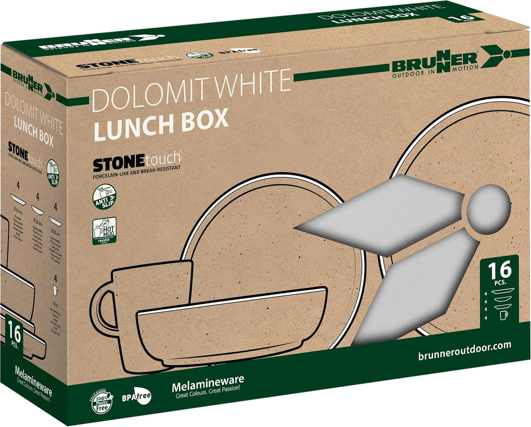 BRUNNER Melamin Geschirr Set Lunch Box Dolomit Stone Touch Camping Teller 16tlg Weiss, Weiss