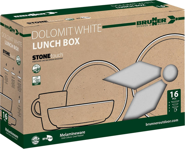 BRUNNER Melamin Geschirr Set Lunch Box Dolomit Stone Touch Camping Teller 16tlg Weiss, Weiss