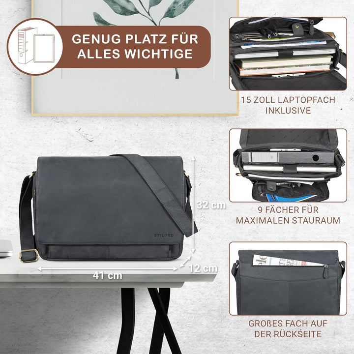 STILORD 'Tom' Vintage Leder Umhängetasche für Studium Uni Büro Arbeit 15 Zoll Laptoptasche DIN A4 Sc