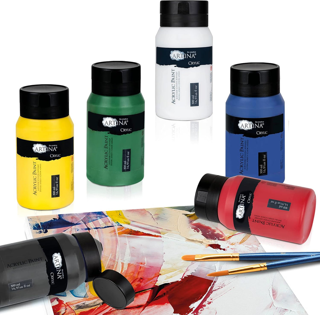 Artina 6er Acrylfarben Set 500ml – Deckende Malfarbe Schnelltrocknende Farbe zum Malen 6x500ml Profi