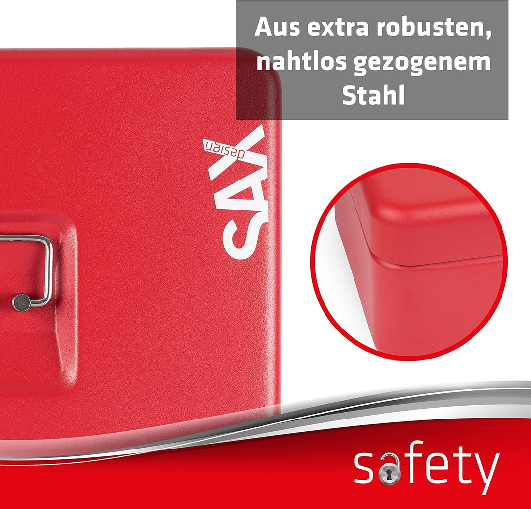 SAX Geldkassette mit Zahlenschloss, extra Starkes Schloss, 30 x 24 x 9cm, X-Large, Rot, 0-824-13 X-L