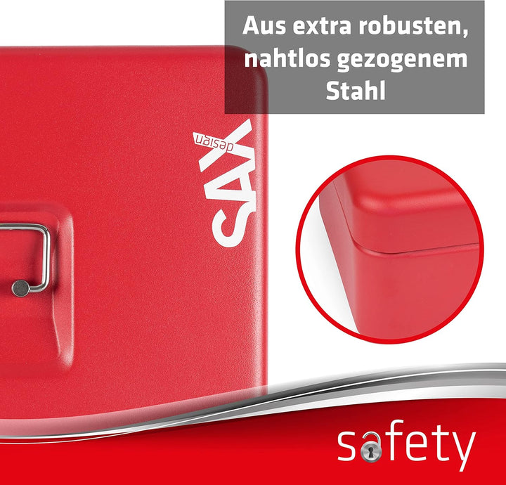 SAX Geldkassette mit Zahlenschloss, extra Starkes Schloss, 30 x 24 x 9cm, X-Large, Rot, 0-824-13 X-L