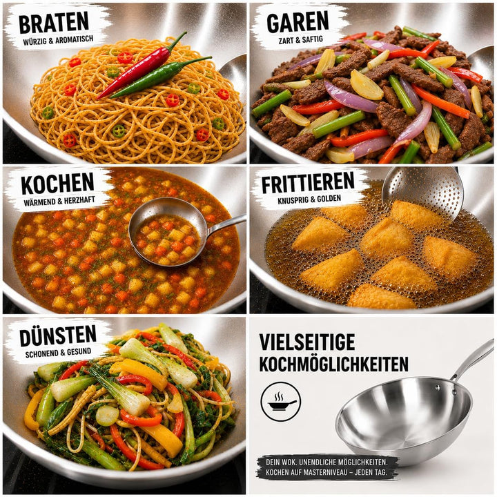 ⌀30 cm Wok Pfanne aus Edelstahl, unbeschichtet &amp; langlebig, 3-lagiges Material für optimale Wärmever