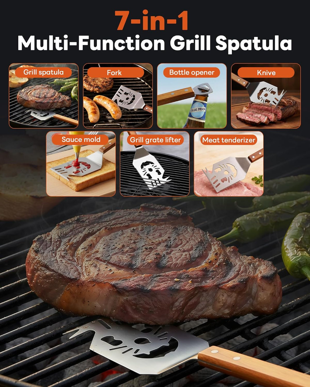 Grillbesteck Set 3-TLG Grillzubehör mit Grillzange, Grillwender, Fleischgabel Grill Zubehör Geschenk