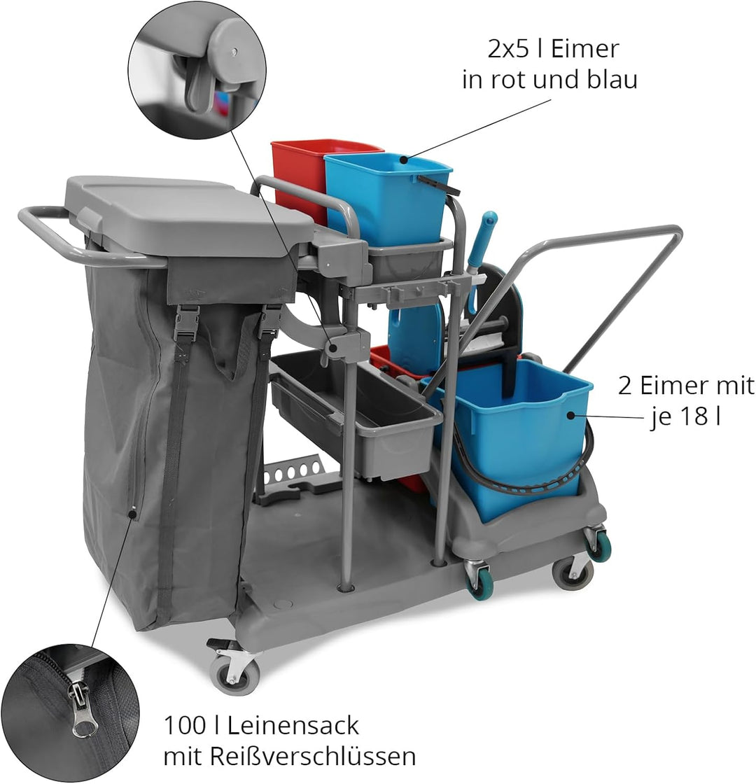 Hypafol Putzwagen Reinigungswagen Set | 2 x 18 l Eimer mit Wischmopp-Presse | Kehrgarnitur mit lange