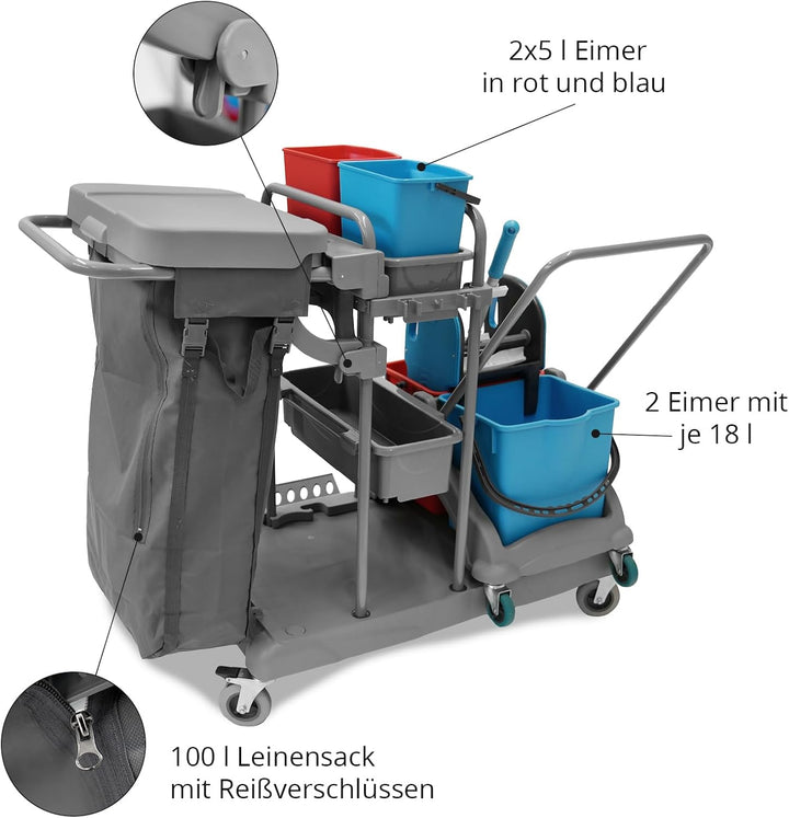 Hypafol Putzwagen Reinigungswagen Set | 2 x 18 l Eimer mit Wischmopp-Presse | Kehrgarnitur mit lange