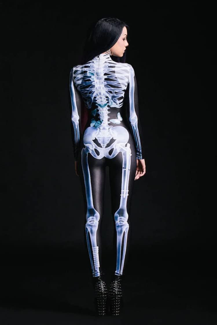 Shmily Girl Skelett Kostüm Damen Herren Halloween Kostüme Cosplay Overall Bodysuit Weiss S, Weiss S