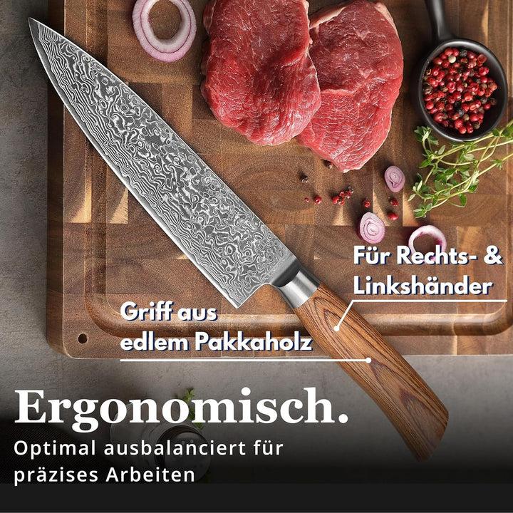 Wakoli EDIB Pro Kochmesser aus echtem Damaststahl (VG10 Kern) mit 20 cm Klinge – Scharf & ausbalanci