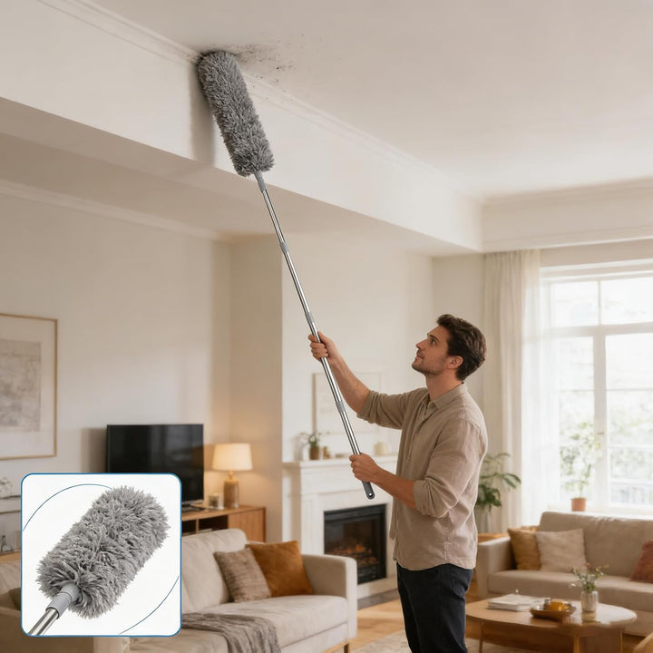 Staubwedel Teleskop Waschbar, 4,9m Staubwedel Waschbar, Putzen Zubehör Haushalt DREI Reinigungsköpfe