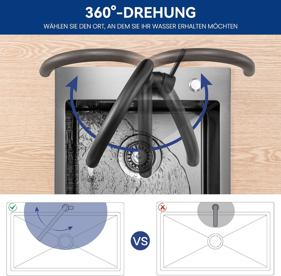 CEECIPA Wasserhahn Küche Schwarz 360° Schwenkbar, Hochdruck Küchenarmatur Schwarz, Mischbatterie Küc