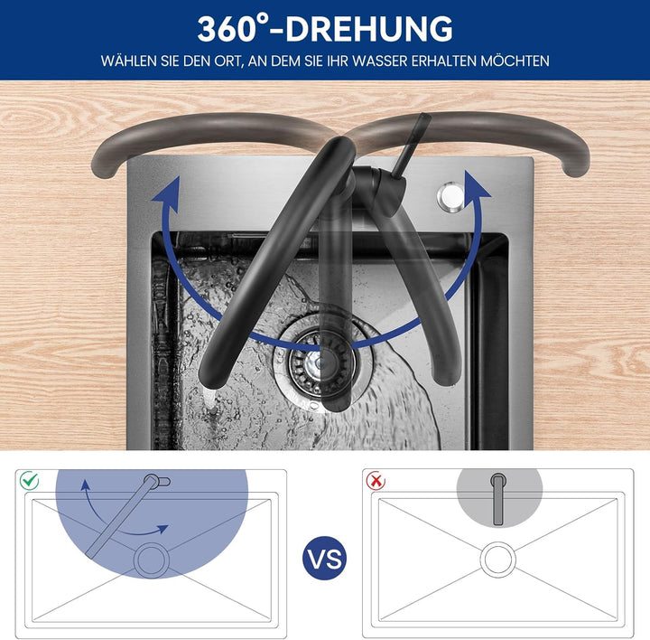 CEECIPA Wasserhahn Küche Schwarz 360° Schwenkbar, Hochdruck Küchenarmatur Schwarz, Mischbatterie Küc
