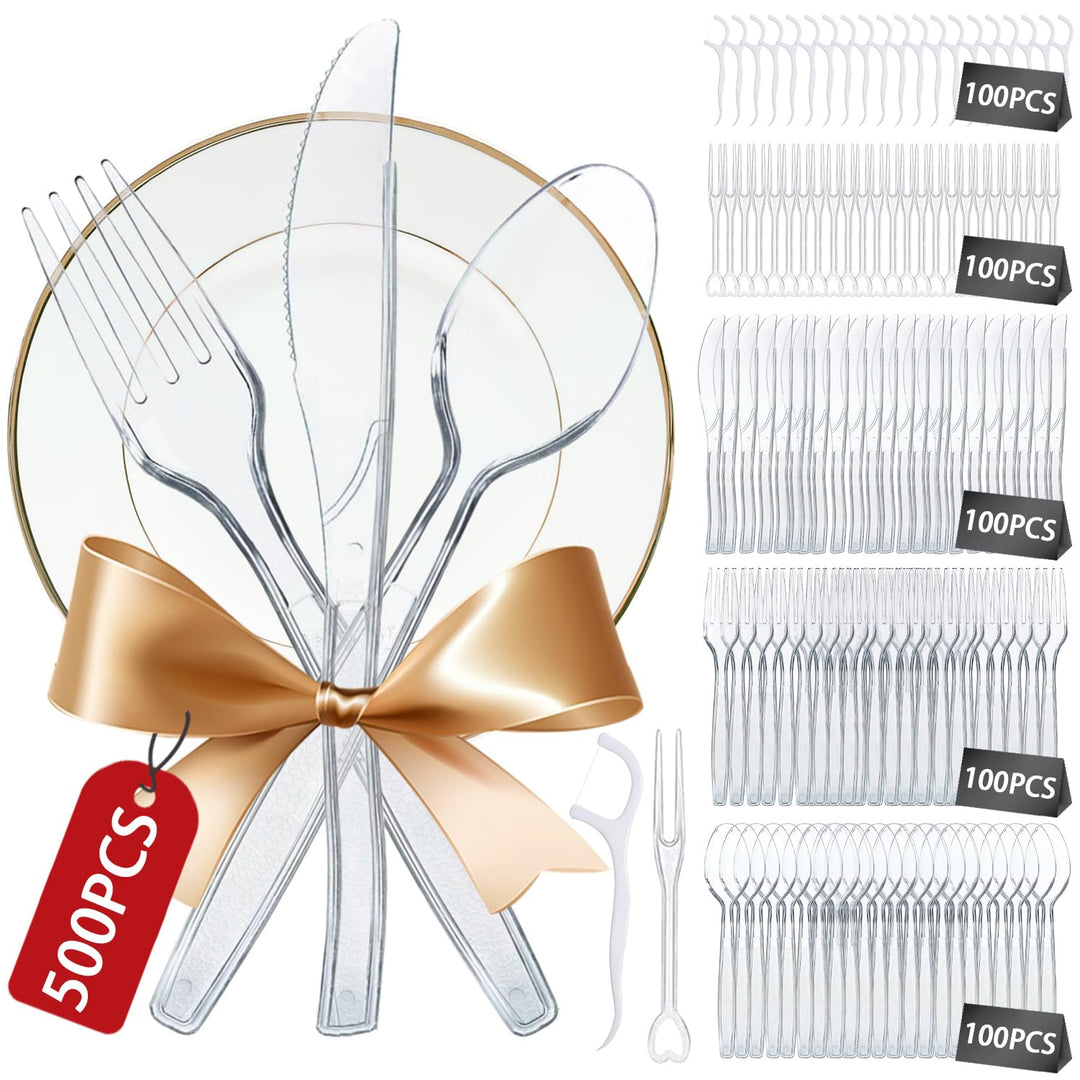 500PCS Plastikbesteck,Plastiklöffel,Plastikgabeln,Plastik Messer,Party Besteck Wiederverwendbar,Jewe