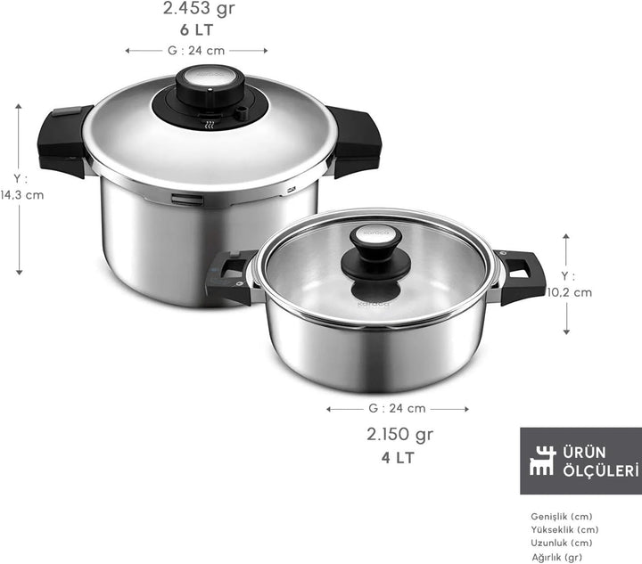 Karaca Quick and Safe Schnellkochtopf-Set 4+6 Lt, Ergonomische, nicht brennende Griffe und Aufsätze