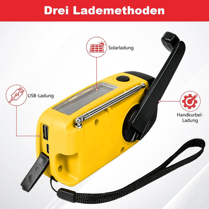 Kurbelradio,Notfallradio mit Kurbel und Solar,AM/FM/WB-Empfang,USB-Ladefunktion,LED-Beleuchtung,IP3X