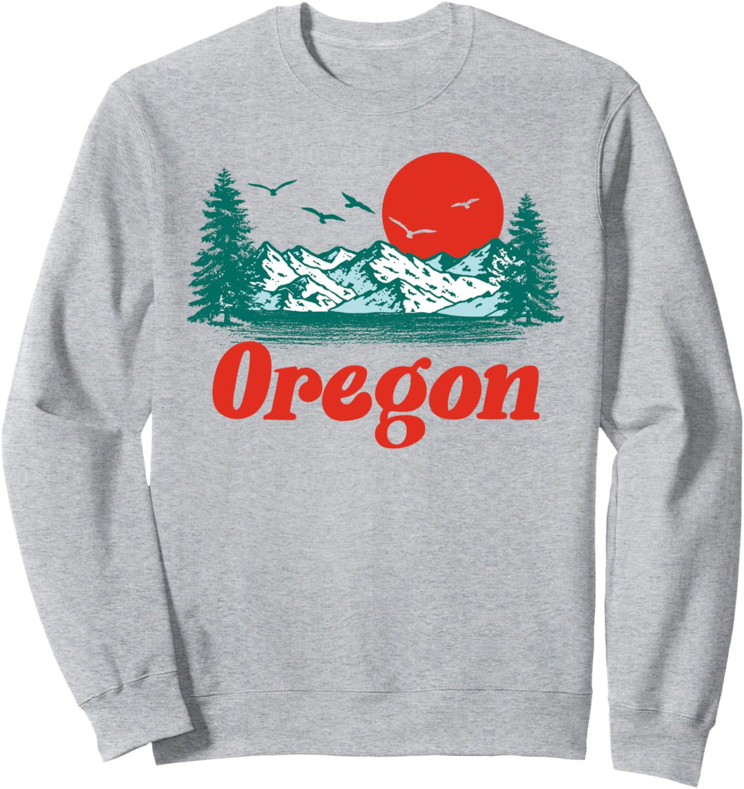 Retro Oregon Mountain Trees & Sun Scene Graphic Sweatshirt