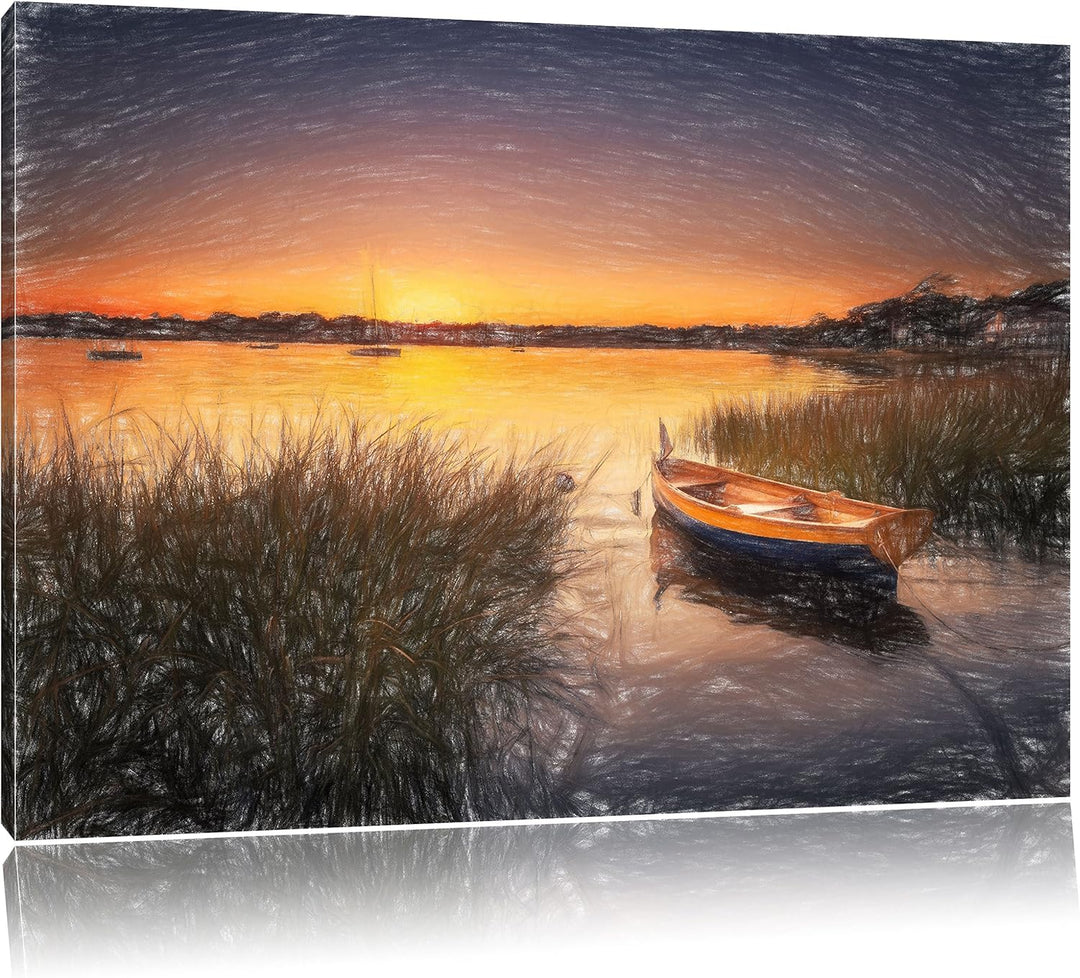 Pixxprint Segelschiffe an der Küste im Sonnenuntergang Kunst Buntstift Effekt, Format: 100x70 auf Le