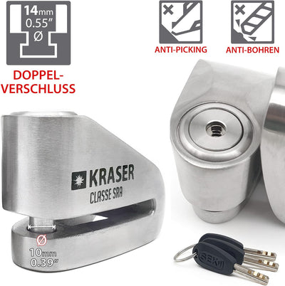 KRASER KR110S Bremsscheibenschloss mit SRA Zulassung, Motorrad Diebstahlsicherung, 10mm Doppelversch