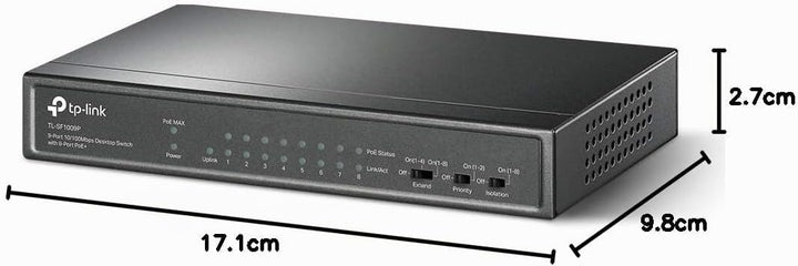 TP-Link TL-SF1009P 9-Port Fast Ethernet PoE Switch mit 8 PoE+ Ports(65 Watt, geschirmte RJ-45 Ports,