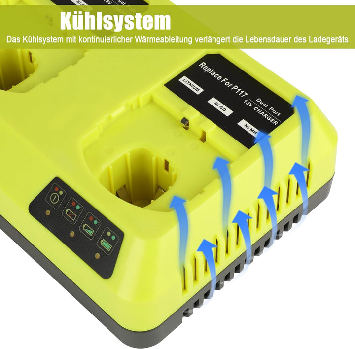 KUNLUN Ersatzladegerät für Ryobi Akku 18V, 3A Doppelladegerät P117 für Ryobi 18v ONE+ P108 P107 P105