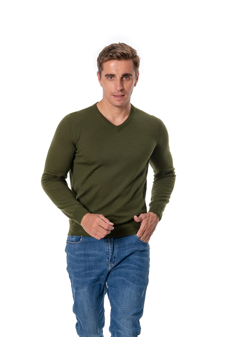 WOSICA Men's 100% Extrafine Merino Wool Knited Long Sleeve Pullover with V-Neck M Olive, M Olive