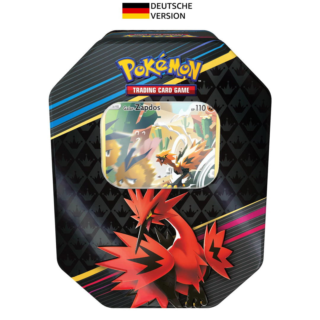 Pokémon-Sammelkartenspiel: Tin-Box Zenit der Könige – Galar-Zapdos (1 holografische Karte &amp; 4 Booste