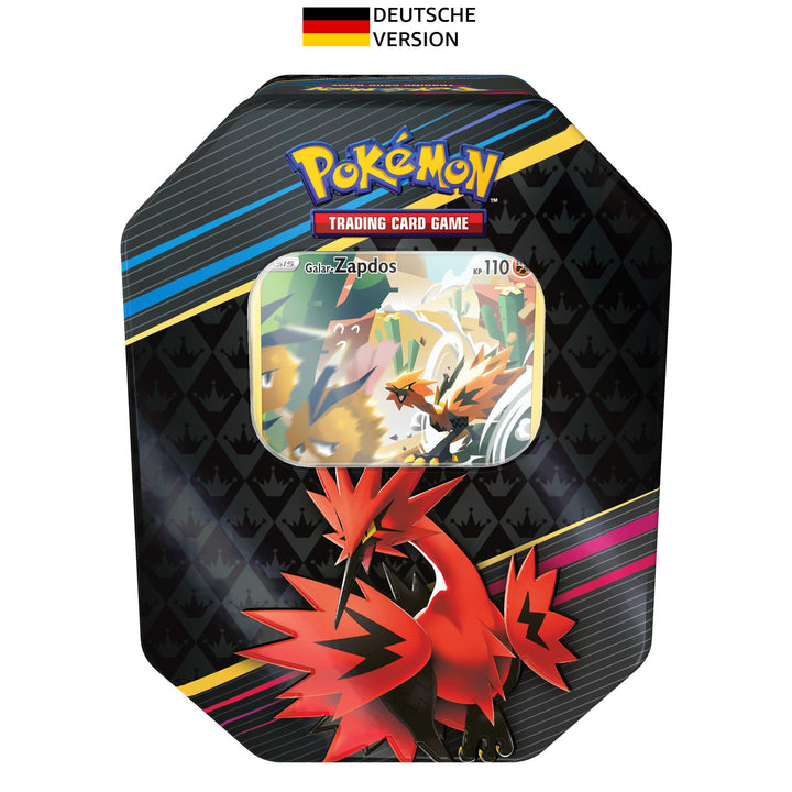Pokémon-Sammelkartenspiel: Tin-Box Zenit der Könige – Galar-Zapdos (1 holografische Karte &amp; 4 Booste