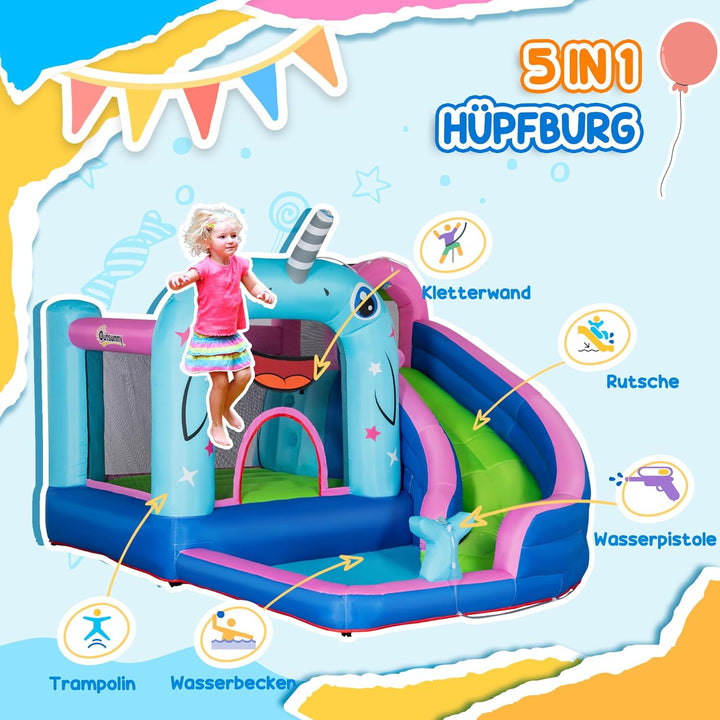 Outsunny Aufblasbare Hüpfburg mit Gebläse, Wasserspielcenter inkl. Sicherheitsnetz, Wasserrutsche, S