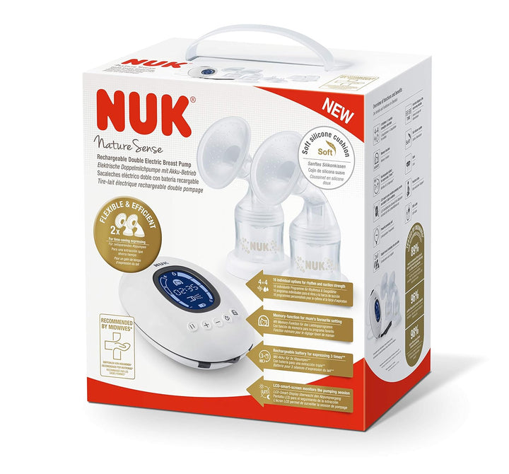 NUK Nature Sense Elektrische Doppelmilchpumpe | mit Akku, LCD-Display 2x 150 ml Muttermilchbehälter,