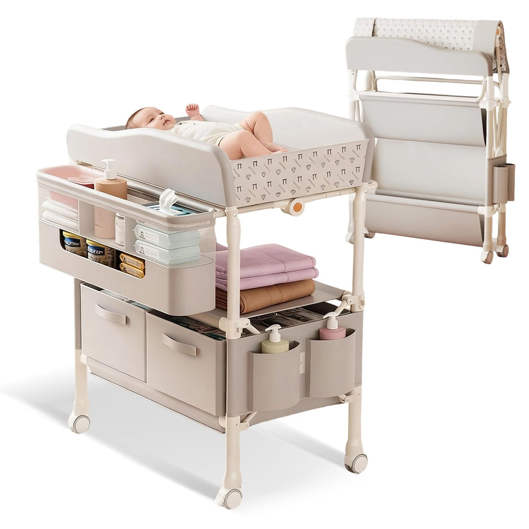 Tragbarkeit Klappbarer Wickeltisch, Multifunktionaler Baby Wickelkommode mit Schubladen, Höhenverste