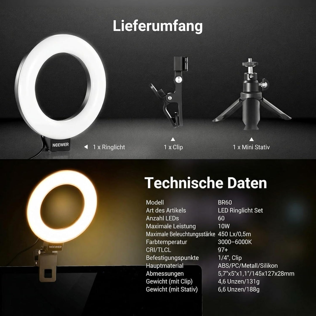NEEWER BASICS 5" Ringlicht mit Klemme und Mini Stativ, 10W 3000k-6000K Dimmbares Ansteckleuchte für