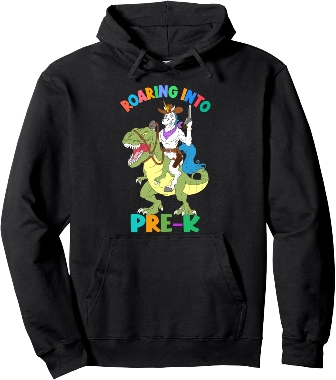 Roaring Into Pre-K Einhorn reitet Dinosaurier zurück zur Schule Pullover Hoodie