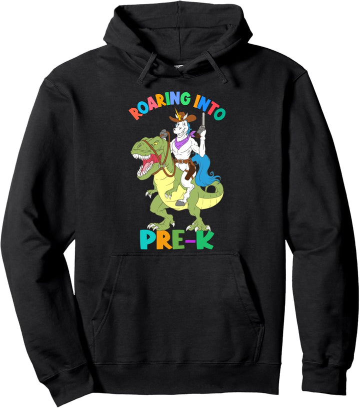 Roaring Into Pre-K Einhorn reitet Dinosaurier zurück zur Schule Pullover Hoodie