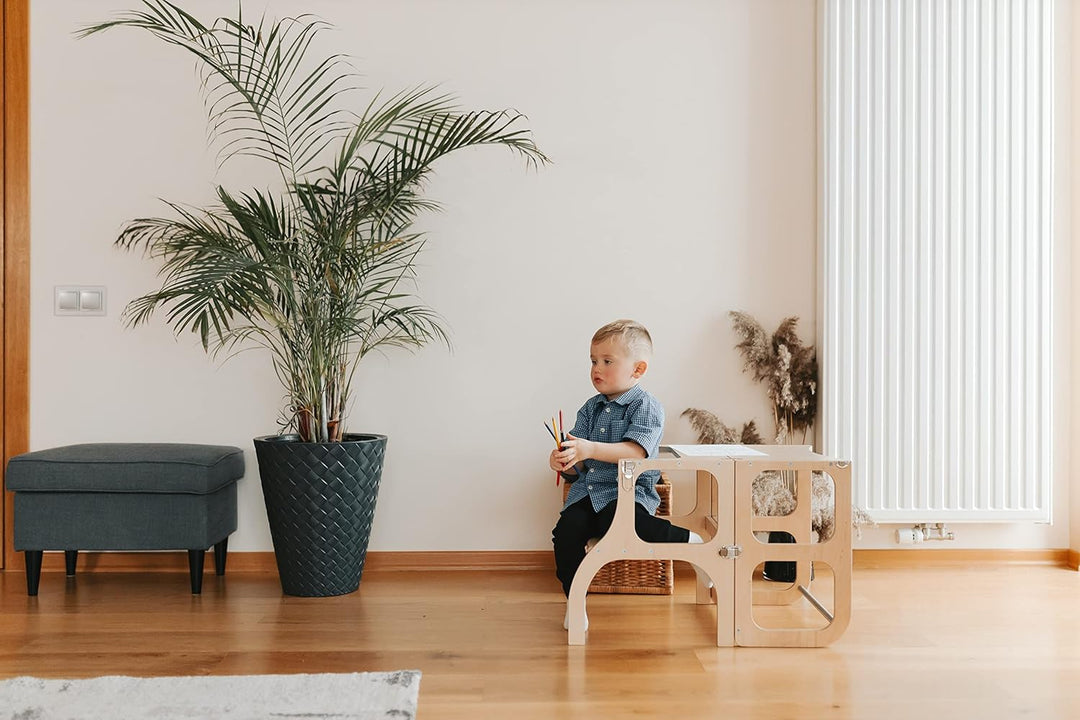 Klappbarer Lernturm mit Sitzfunktion, 45 cm Stehhöhe, Step’n’Sit, Lernturm mit Sitz und Tisch umklap