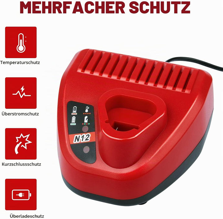 LabTEC 10.8V-12V Ersatz-Ladegerät für Milwaukee M12 Li-Ion Akku, Kompatibel mit Allen M12 Akkus 48-1