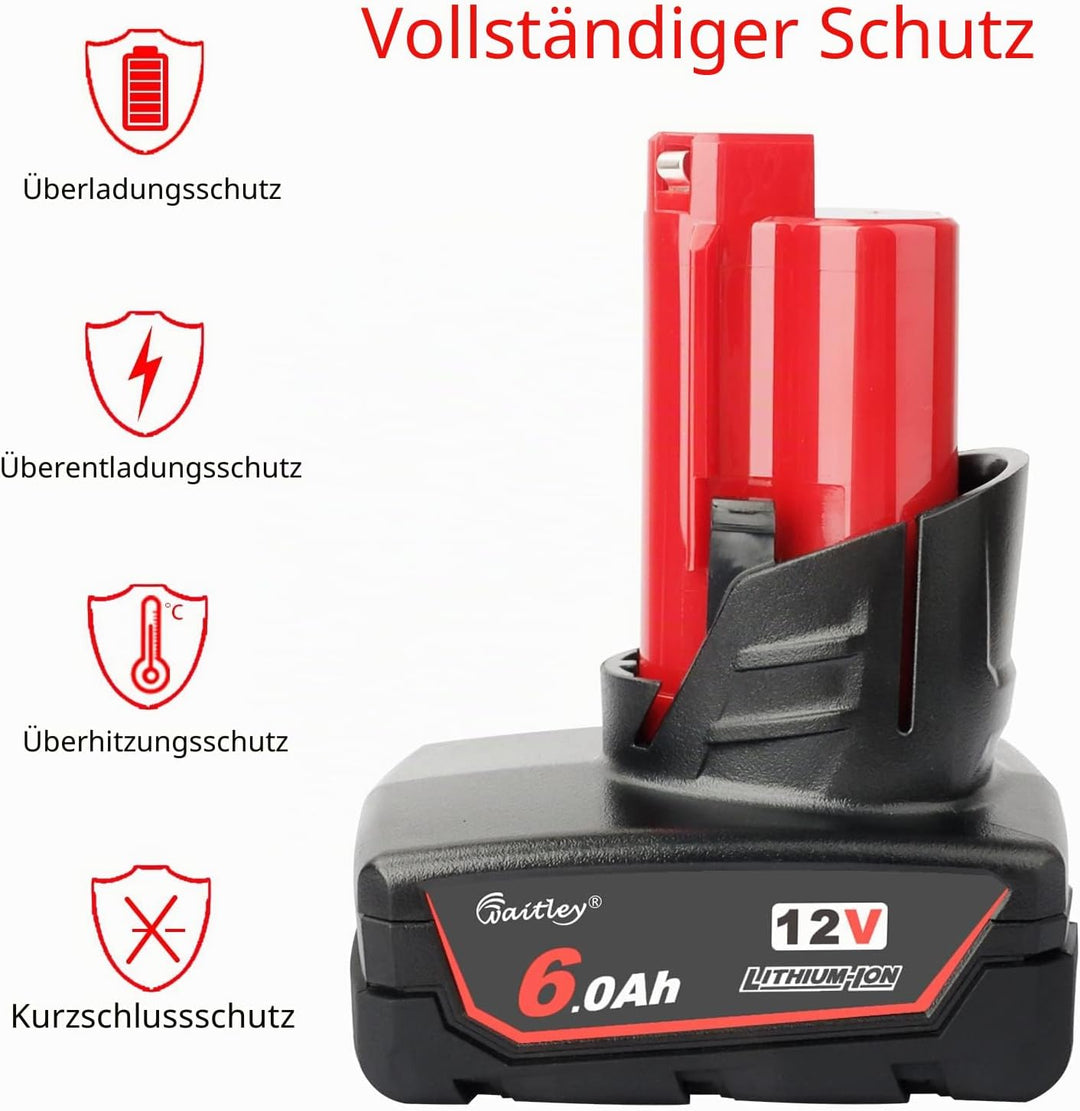 2X Waitley M12 12V 6Ah Ersatzakku für Milwaukee M12 Li-ion Akku 48-11-2411 48-11-2440 48-11-2402 Wer