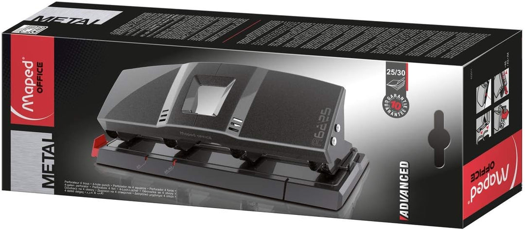 Maped M622511 - 4-Fach-Locher Advanced, Metal 25/30 Blatt Locher für 4 Löcher 4 Hole Punch, Locher f