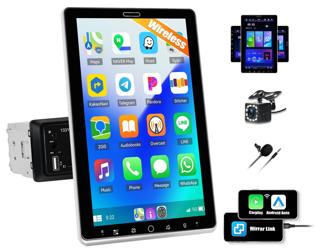 CAMECHO Autoradio 1 Din mit 10.1 Zoll Wireless A-pple Carplay Android Auto mit Rückfahrkamera, Bilds